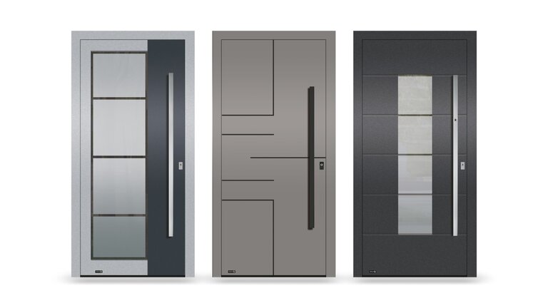 Drei moderne Aluminium-Haustüren in Grau- und Anthrazittönen Hauptbild.